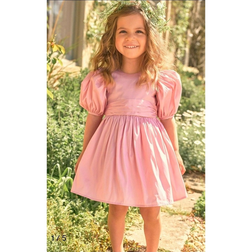 Next Girls Pink Puff Sleeve Taffeta Dress V-Back Bow Size 4-5 Years 110cm